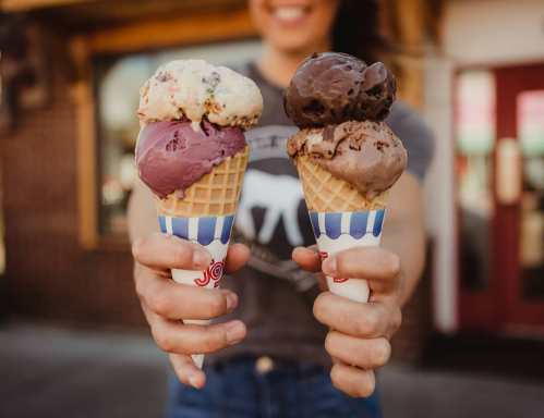 A person holds two ice cream cones, one with purple and multicolored scoops, the other with chocolate scoops.