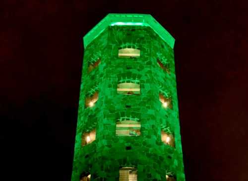 A stone tower illuminated in green light at night, with stairs leading up to its entrance.