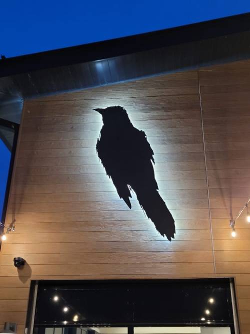 A large silhouette of a bird is illuminated on a wooden wall, with string lights adding a warm ambiance.