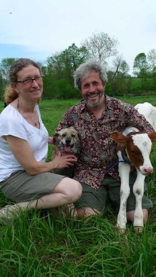 A couple sits in a grassy field with a dog and a calf, surrounded by trees and a cloudy sky.