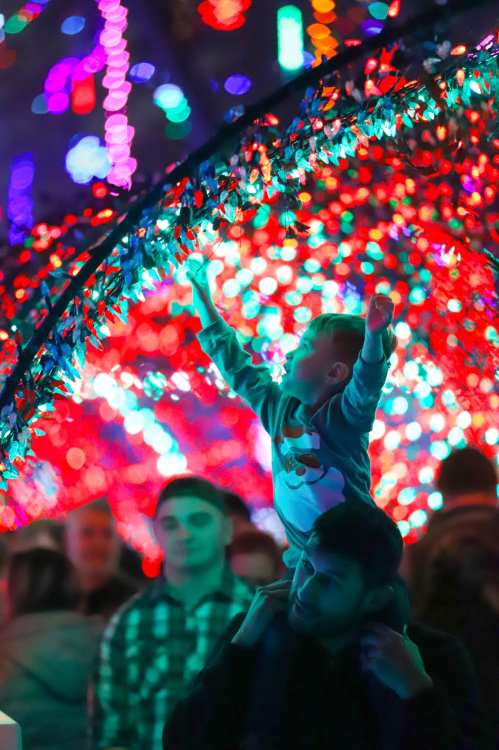 A child on a man's shoulders joyfully reaches for colorful lights in a festive, illuminated setting.