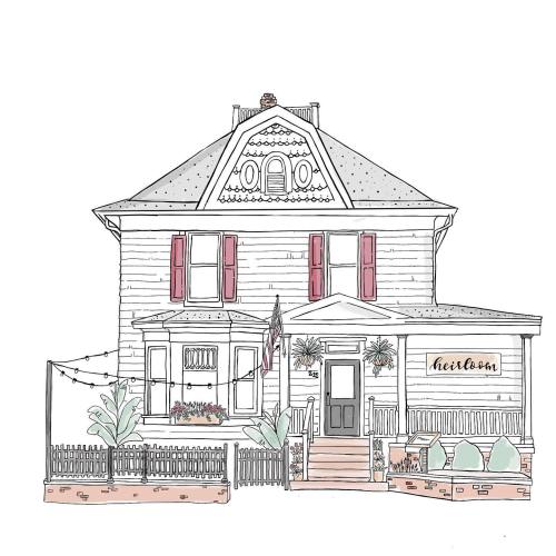 Illustration of a charming Victorian house with a porch, red shutters, and a sign reading "Heirloom."