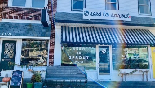 A storefront with a sign reading "Seed to Sprout," featuring a striped awning and a bench outside.