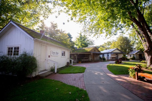 A peaceful pathway leads through a green garden with charming cottages and trees under a bright sky.