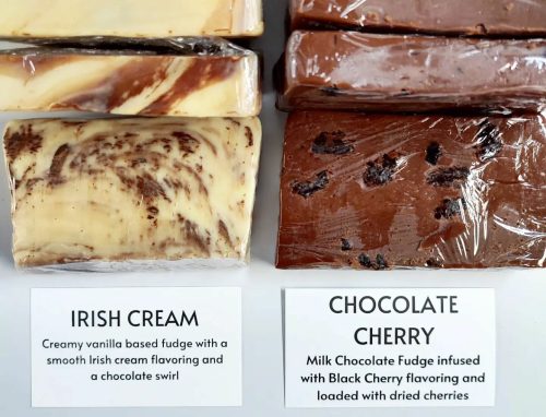 Two types of fudge: Irish Cream with a chocolate swirl and Chocolate Cherry with black cherry flavor and dried cherries.