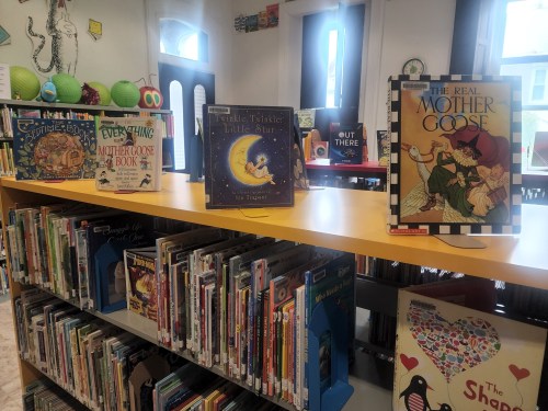 A colorful library shelf displaying children's books, including various editions of "Mother Goose" stories.