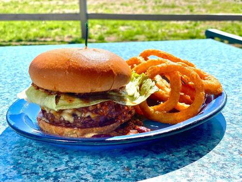 A juicy burger with lettuce and sauce, served on a blue plate with a side of crispy onion rings.