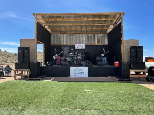 A band performs on an outdoor stage with a grassy area in front, under a clear blue sky.