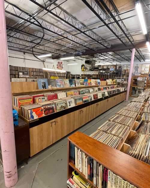 A spacious record store with wooden shelves filled with vinyl records and a well-organized display area.