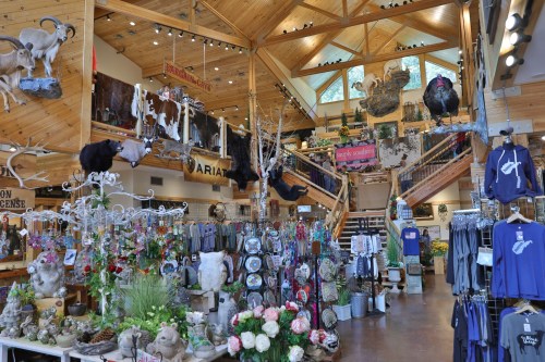 A spacious store interior with wooden beams, featuring clothing, decor, and mounted animal displays.