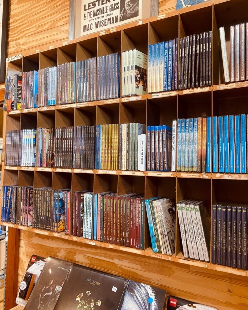 A wooden shelf filled with neatly arranged DVDs and CDs in various colors and designs.