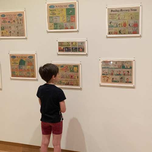 A child stands in front of a wall displaying vintage comic strips in frames.