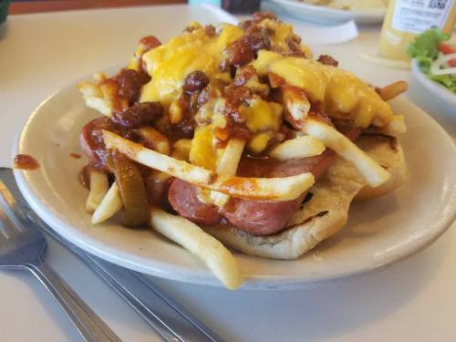 A plate of loaded chili cheese fries topped with melted cheese, chili, and sliced hot dogs on toasted bread.