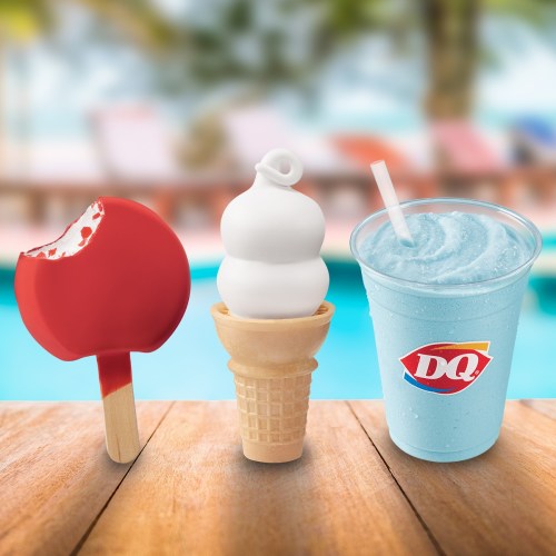 Three frozen treats: a red popsicle with a bite, a soft-serve cone, and a blue slushy drink from Dairy Queen.