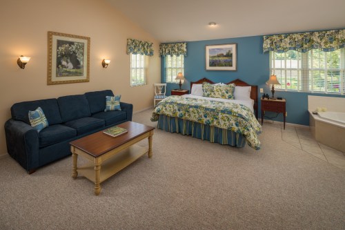 Cozy bedroom with a blue and floral theme, featuring a bed, sofa, coffee table, and natural light from windows.