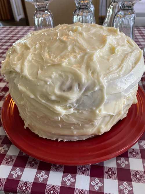 A round cake with white frosting on a red plate, set on a checkered tablecloth.