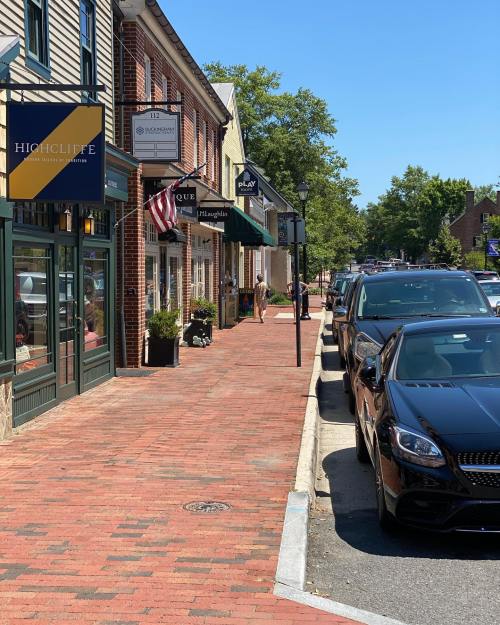 A sunny street scene with brick sidewalks, shops, and parked cars, featuring American flags and greenery.