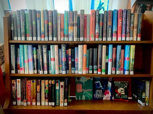 A wooden bookshelf filled with various colorful books, some with labels and stickers, arranged in neat rows.