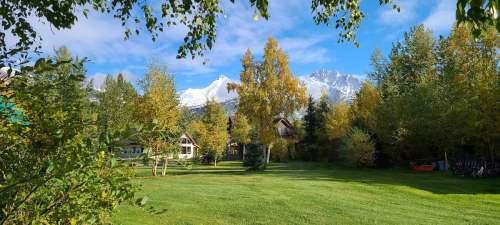 A scenic view of a green lawn surrounded by trees, with snow-capped mountains in the background under a blue sky.