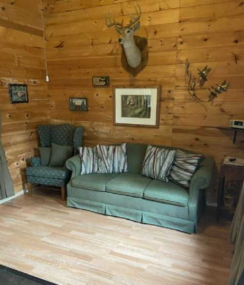 Cozy wooden room with a green couch, striped pillows, an armchair, and rustic decor including a deer head mount.