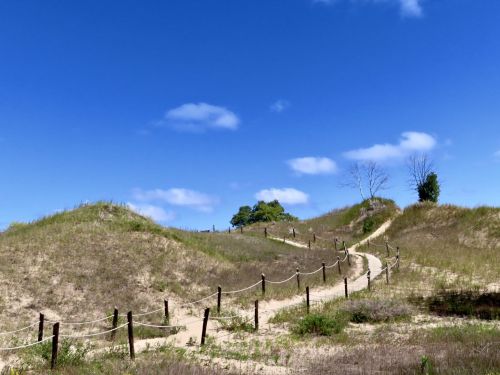 A winding dirt path through grassy hills under a clear blue sky with a few scattered clouds.