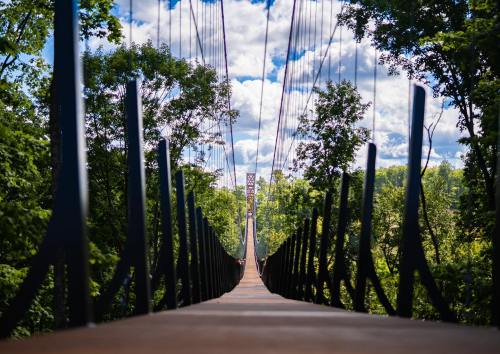 A suspension bridge stretches into the distance, surrounded by lush greenery and a blue sky with fluffy clouds.