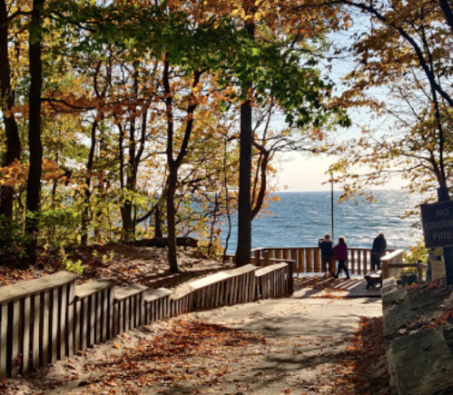 A scenic path leads to a lake, surrounded by colorful autumn trees and two people enjoying the view.