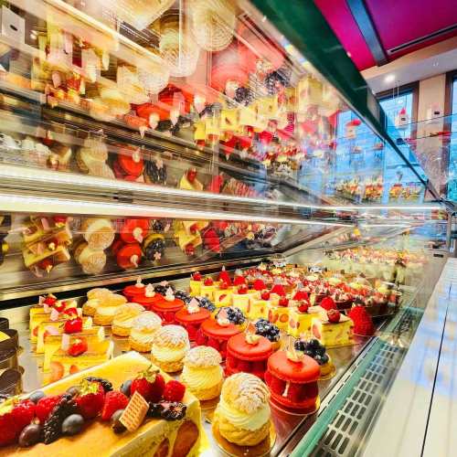 A colorful display of assorted cakes and pastries in a glass case, featuring fruits and decorative toppings.