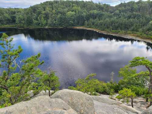 A serene lake surrounded by trees, reflecting the sky, viewed from a rocky overlook.