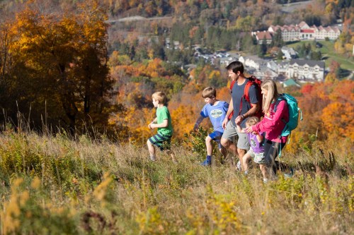 A family of five hikes through a colorful autumn landscape with trees and a distant view of buildings.