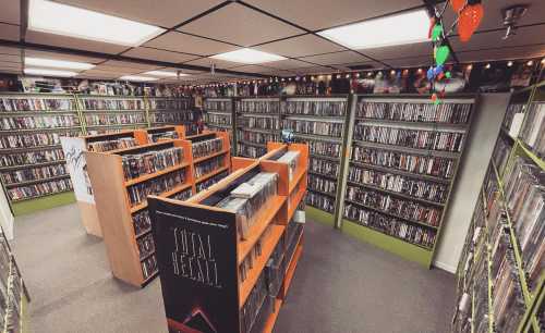 A cozy music store with rows of CDs on shelves, colorful lights, and wooden display units in a well-organized layout.