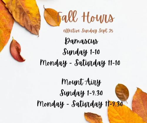 Text on a light background with autumn leaves, listing fall hours for Damascus and Mount Airy locations.