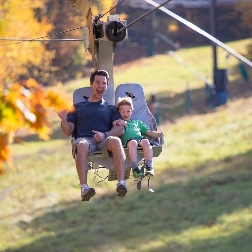 A man and a child joyfully ride a zip line through a colorful autumn landscape.