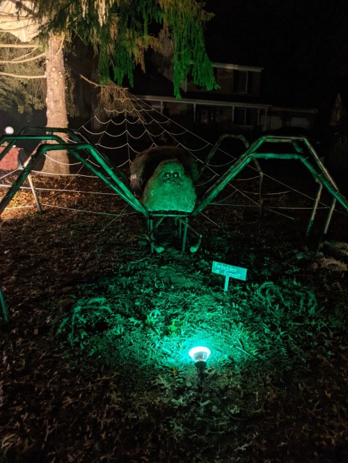 A large spider decoration with glowing eyes sits in a yard, surrounded by leaves and a web, under a night sky.