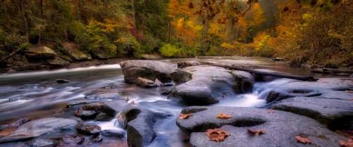 A serene river flows over smooth rocks, surrounded by vibrant autumn foliage and gentle ripples in the water.