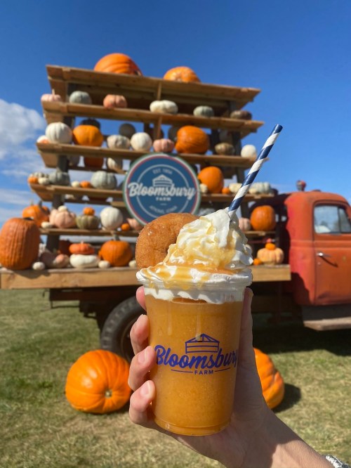 A hand holds a pumpkin-flavored drink topped with whipped cream, in front of a truck displaying colorful pumpkins.