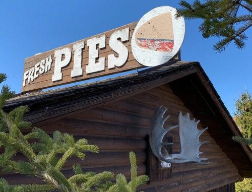 A rustic wooden building with a sign reading "Fresh Pies" and a decorative moose antler, framed by pine branches.