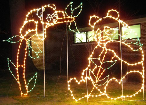 A glowing light display featuring a panda and flowers, set against a dark night backdrop.