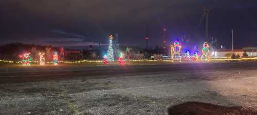 Colorful holiday lights decorate a dark outdoor scene, featuring a tree, reindeer, and various festive displays.