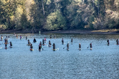 A group of people in dark clothing paddleboarding on a calm river surrounded by trees in autumn colors.
