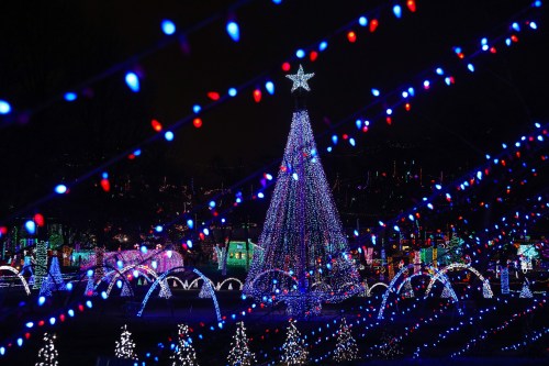A brightly lit Christmas tree adorned with colorful lights, surrounded by festive decorations in a nighttime setting.