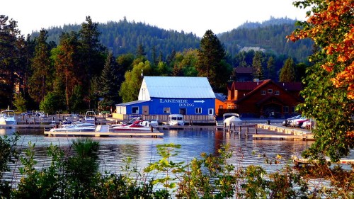 A serene lakeside scene featuring a blue dining building, boats docked, and lush greenery in the background.