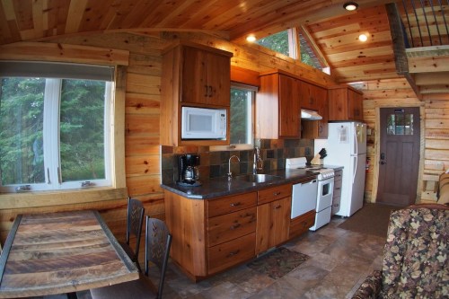 Cozy wooden kitchen with modern appliances, a dining table, and large windows letting in natural light.