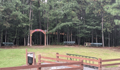 A grassy area with benches and a wooden archway, surrounded by trees and soft lighting in the background.