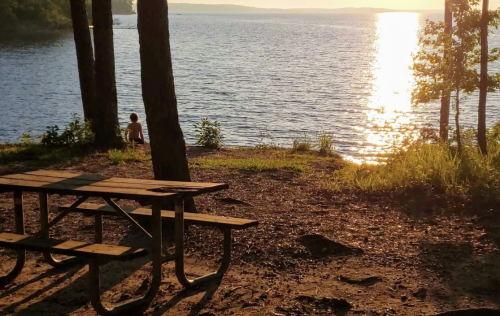 A serene lakeside scene at sunset, featuring a picnic table and a person sitting by the water's edge.