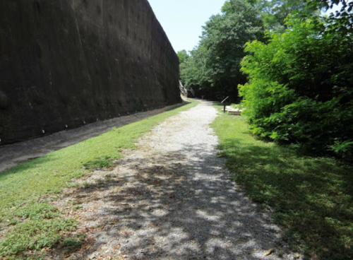 A gravel path lined with greenery, leading alongside a tall, dark wall in a wooded area.