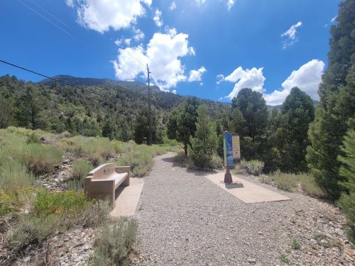 A gravel path leads through greenery, with a bench and informational sign under a bright blue sky with fluffy clouds.