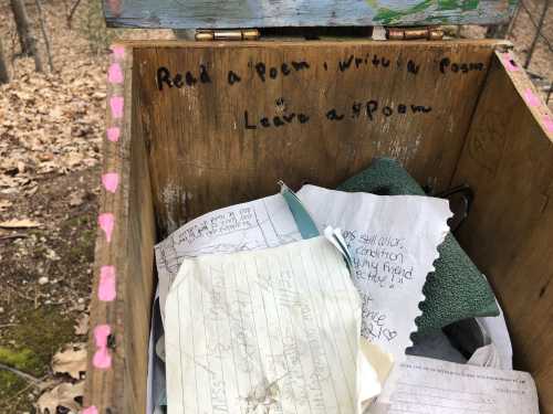 A wooden box in a forest with handwritten notes inside, inviting people to read and write poems.