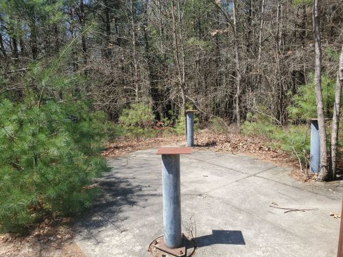 Abandoned concrete area with metal posts surrounded by trees and underbrush, showing signs of neglect.