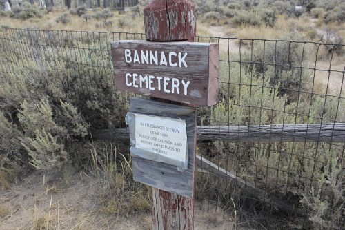 Sign for Bannack Cemetery warns of rattlesnakes, with a message to report sightings to the park. Surrounding sagebrush visible.